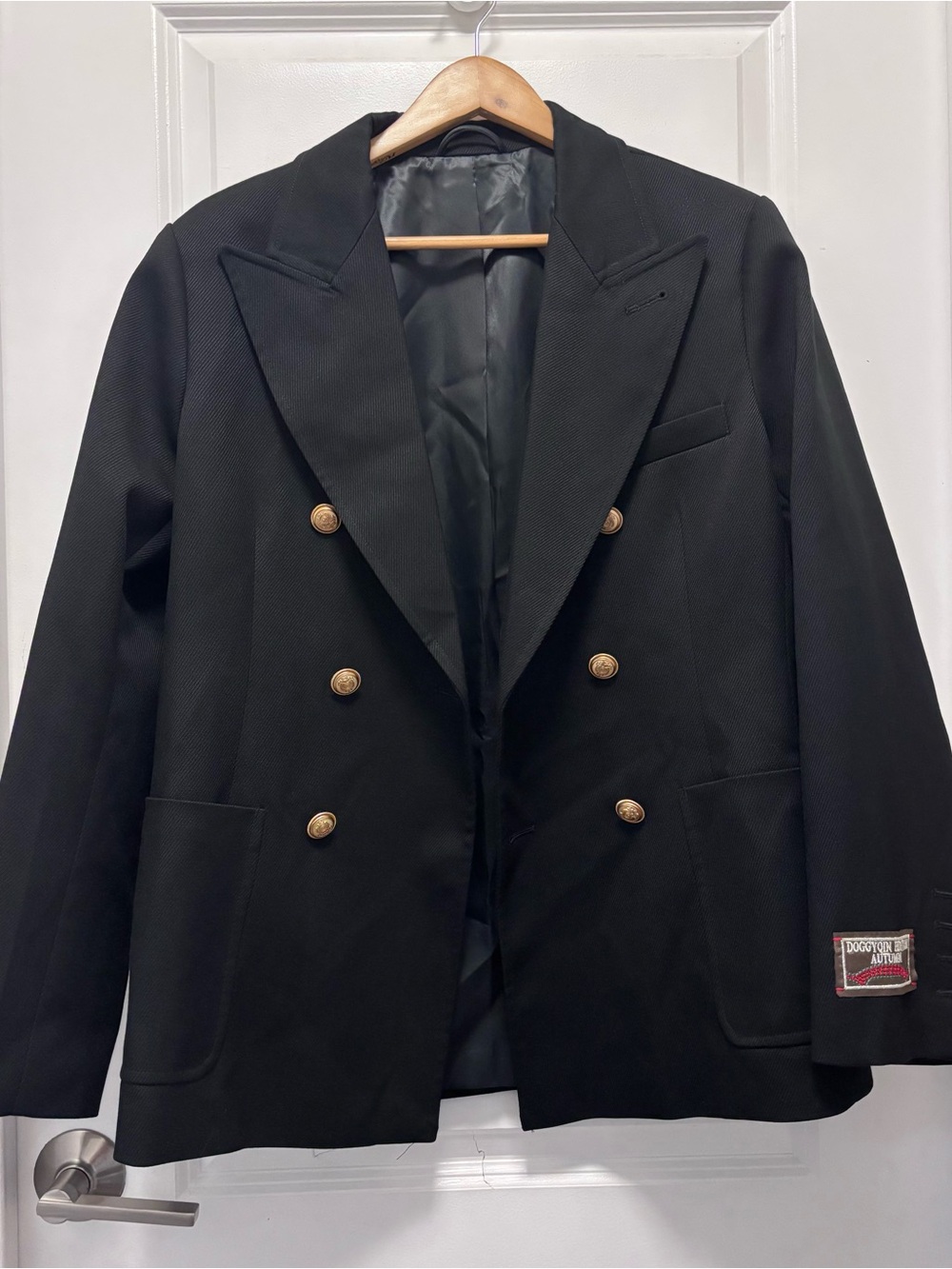 Black Double-Breasted Pea Coat with Gold Buttons - Women